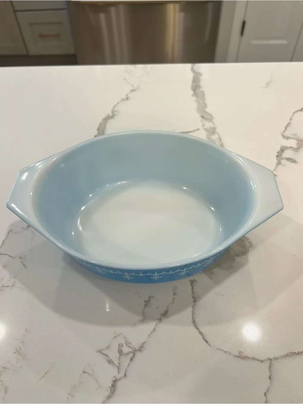 Vintage Pyrex Snowflake Garland Blue 1.5 QT Oval Casserole Dish #043 – No Lid